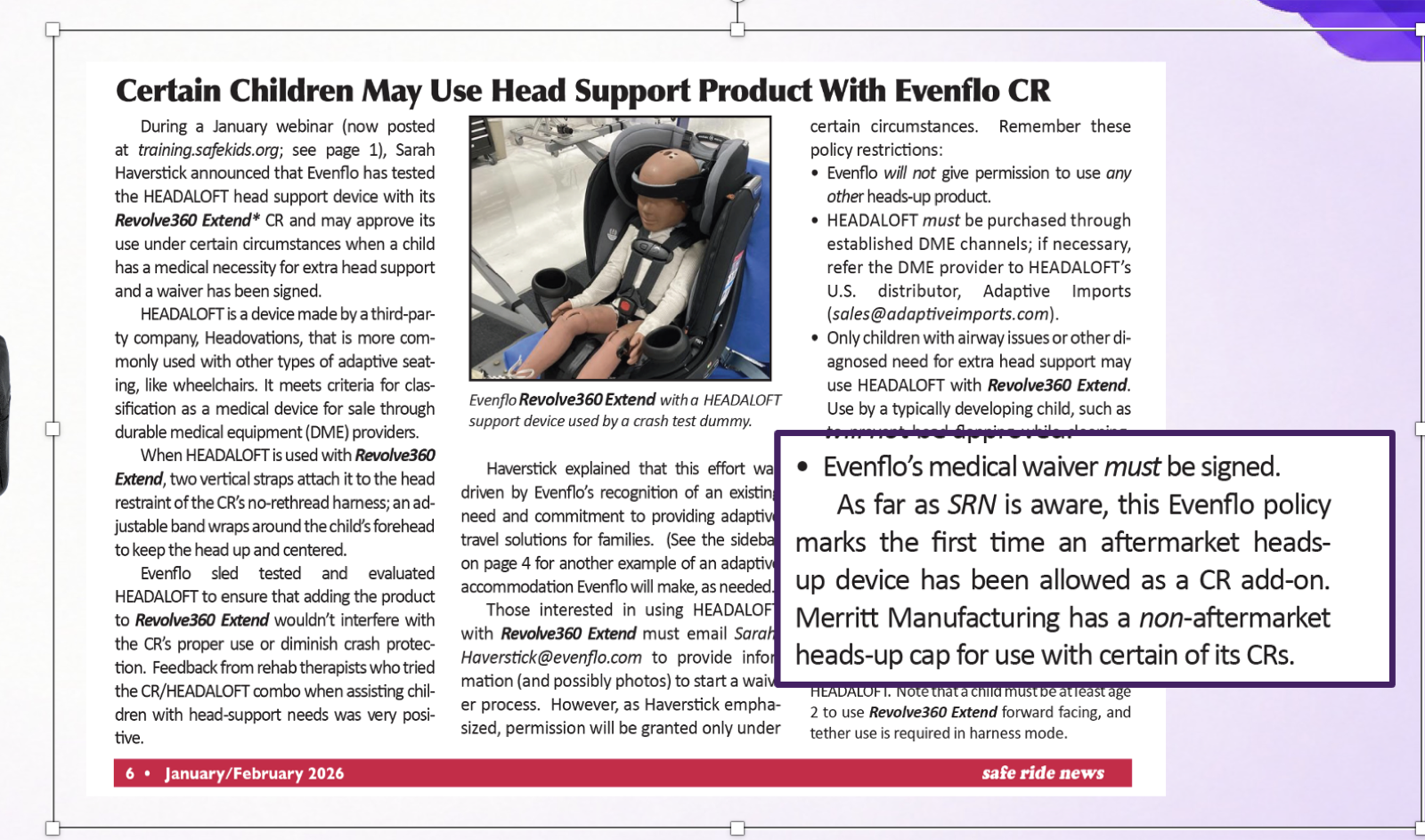 News article on the Evenflo and HEADALOFT partnership, with the relevant section highlighted